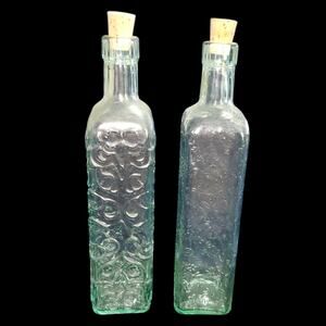 Embossed Glass Bottles with Cork Stoppers - Set of 2 Floral/Vine Pattern - 10.5"